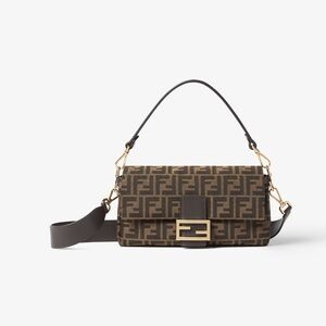 Fendi Brown and Dark Brown FF Logo Shoulder Bag with Gold Hardware